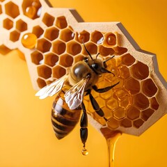 Honeybee on Honeycomb with Dripping Honey
