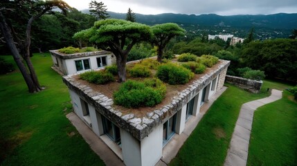 Obraz premium Modern green roof house with trees and lush landscape, mountain view, contemporary architecture, eco-friendly design, scenic outdoor setting, sustainable building