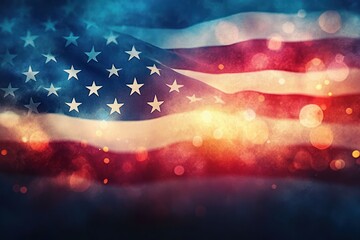 Abstract close-up of a softly lit waving flag with stars and stripes in red, white, and blue hues with glowing light bokeh effect