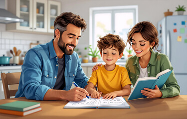 Obraz premium A happy family of three sits at a kitchen table. The parents lovingly assist their young son with his schoolwork, creating a warm and supportive learning environment.