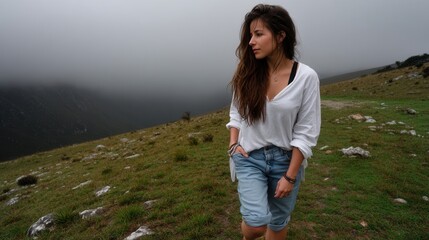 Fototapeta premium Young woman walking on a grassy hilltop in a foggy mountain landscape, casual attire, moody weather, outdoor adventure