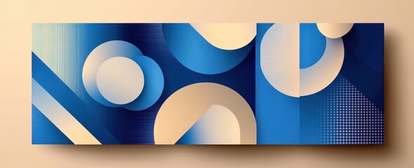 Abstract geometric composition with various overlapping circles, arcs, and diagonal shapes in shades of blue and beige creating a modern, calm atmosphere