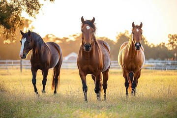 Obraz premium Three brown horses walking through a sunlit grassy field with a wooden fence and trees in the background during golden hour