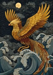 Fototapeta premium Majestic phoenix soaring over turbulent ocean waves at night.