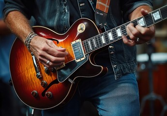 close-up of a person playing an electric guitar with focused hand positioning and casual clothing conveying a passionate musical moment