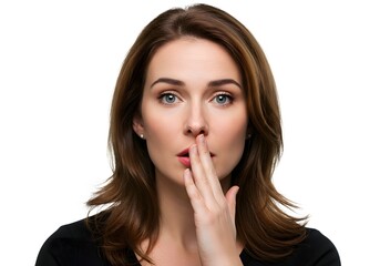 Fototapeta premium Woman with finger to lips, signaling silence or secrecy, looking directly at the viewer against a clean white background.