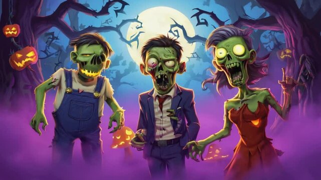 Cartoon zombies in a spooky halloween scene with pumpkins and a full moon background image