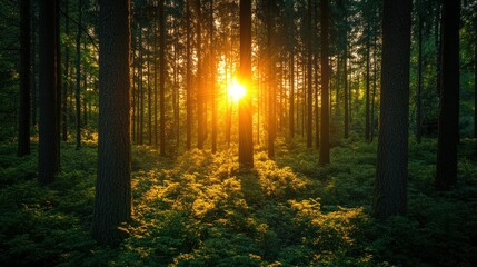 Obraz premium Golden sunlight streams through a dense forest. Lush undergrowth and tall trees create a serene atmosphere