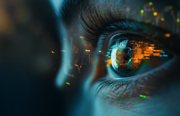 Concept of looking for a good investment in a joint stock company on the stock exchange. Traders eye is staring at the charts.