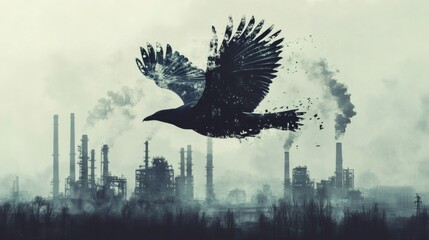 Flying raven over industrial factory pollution landscape art design for environmental awareness
