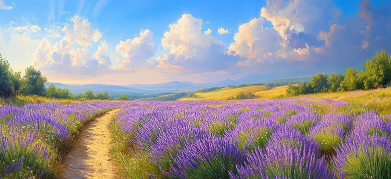 Scenic landscape with a winding dirt path through vibrant purple lavender fields under a bright blue sky with fluffy white clouds and distant rolling hills - Powered by Adobe