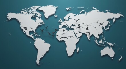 World map showing bird migration routes across continents for travel and environmental concepts