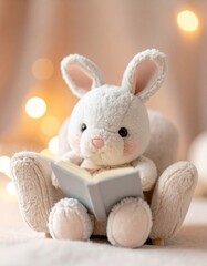 Fototapeta premium Cute plush bunny enjoying a book with cozy lights in background
