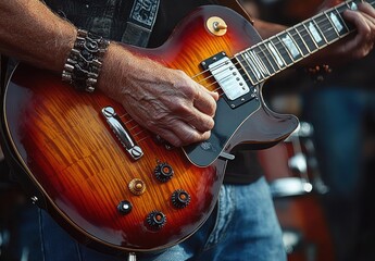 close-up of a person playing a sunburst electric guitar with detailed wood grain and multiple control knobs during a musical performance