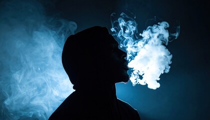 Silhouette of young african male exhaling smoke against dark background