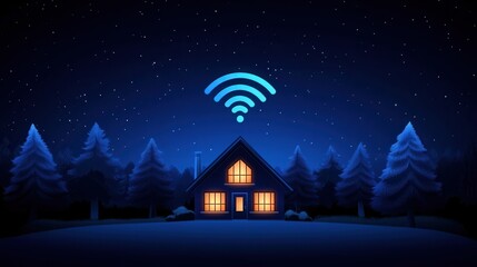 Fototapeta premium Cozy House at Night with WiFi Signal Above Surrounded by Pine Trees