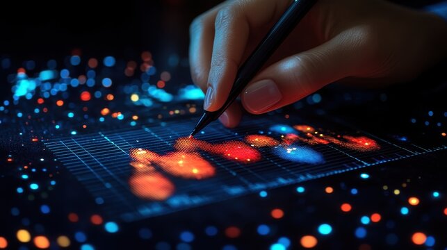 Digital design creation using stylus on interactive screen with vibrant luminous effects and artistic expression for innovative technology