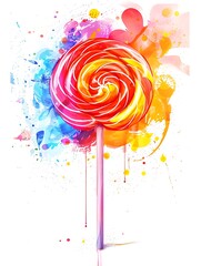Vibrant watercolor photo of a colorful swirled lollipop with artistic splashes on white background