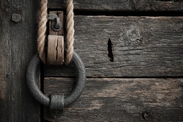 Aged wood plank wall with pulley and rope