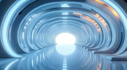 Obraz premium Futuristic corridor with glowing circular arches and reflective floor leading to bright white light, featuring cool blue and warm orange illumination
