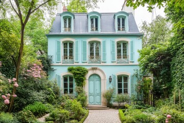 Fototapeta premium Charming turquoise house with white shutters surrounded by lush greenery in a serene garden setting during daytime in a quiet neighborhood