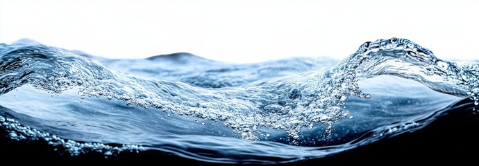 Close-up of a dynamic water wave with bubbles and smooth flow against a white background, evoking freshness and fluidity