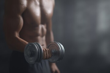 A muscular man lifts a dumbbell, showcasing strength and fitness.