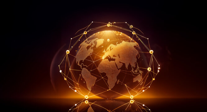 Golden globe representing global network, interconnected nodes glowing, dark background. Represents cryptocurrency, technology, and worldwide connection.