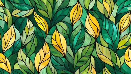 Fototapeta premium Stained Glass Style Green and Yellow Leaves Seamless Pattern