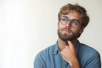 Obraz premium young bearded man with glasses wearing a denim shirt looking thoughtfully upward with hand resting on chin against plain light background