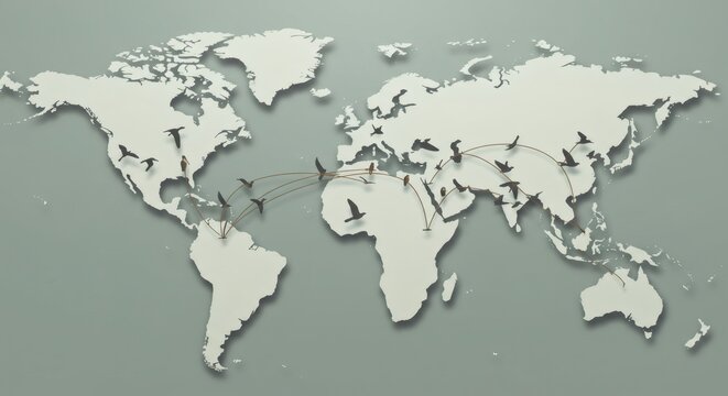 Global migration patterns illustrated on world map with birds in flight showing routes across continents