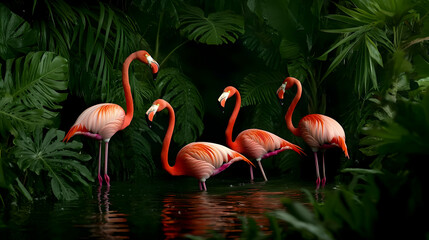 Fototapeta premium Pink Flamingos In A Lush Tropical Setting