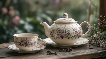 Georgian era creamware tea set with delicate hand-painted floral borders, soft focus background of an English country garden