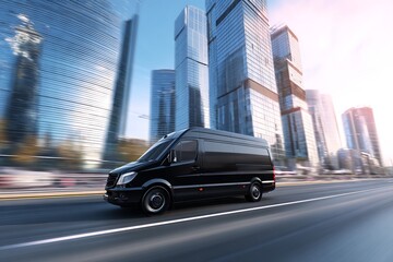 Black Cargo Van on City Street with Motion Blur