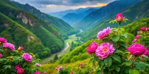 Fototapeta premium Colorful rose petals and leaves of Rosa damascena plant growing in a lush green valley surrounded by Bulgarian mountains