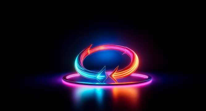 Two neon arrows form a circular, continuous loop against a dark background.  The vibrant glow reflects on a shiny surface, creating a dynamic and visually striking image.