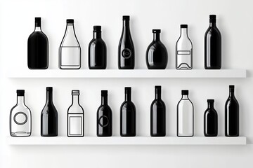 Rows of various black and white outlined and solid bottles arranged on two white floating shelves against a white wall, creating a minimalist and modern display