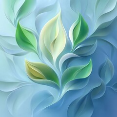 Abstract digital illustration of soft, flowing leaves with varying shades of green and blue, creating a calm and soothing natural composition