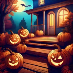 carton halloween porch background with pumpkins and a bat