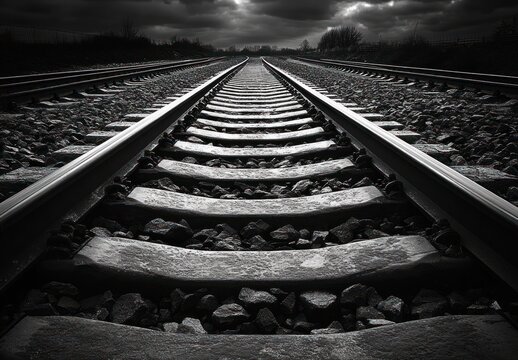 dramatic black and white image of railway tracks disappearing into the horizon under a cloudy sky with barren trees on both sides - Powered by Adobe