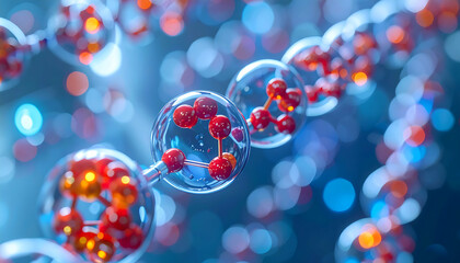 Microscopic Molecular Structure: 3D Render of Red Atoms in Glass Bubbles