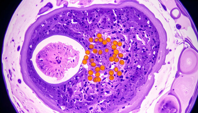 Microscopic Image: Ovarian Teratoma with Mature Dermoid Cyst & Components