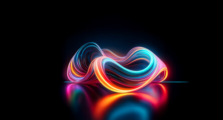 Abstract digital artwork featuring vibrant, glowing, multicolored ribbons forming a dynamic, wave-like structure reflected on a dark surface.  The colors are intensely saturated and create a sense of 