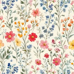 seamless pattern of delicate watercolor wildflowers in various colors including pink, red, yellow, blue, and orange with green leafy stems on light background