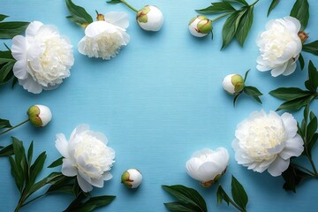 Delicate white peonies and lush green leaves arranged in a circular pattern on a soft blue background, evoking calm and elegance