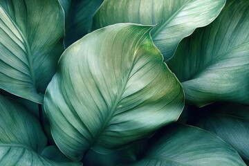 Obraz premium Close-up of large smooth tropical green leaves overlapping each other with detailed veins and soft natural lighting