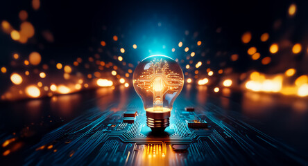 A glowing lightbulb, filled with bright energy, sits atop a circuit board.  Surrounding it is a bokeh of warm and cool light, suggesting innovation and technology.