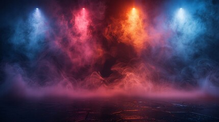 Smoky stage lit by vibrant colored spotlights