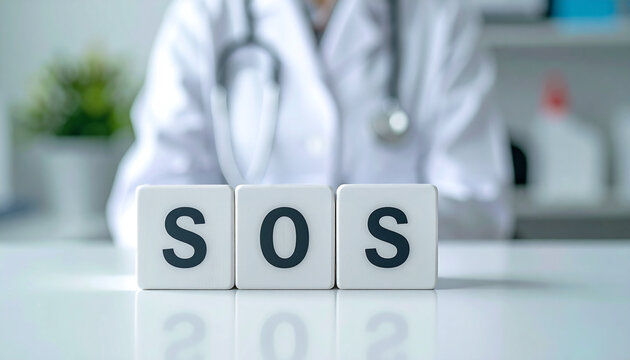 助けてを意味する英単語のSOSの文字が書かれた木製のキューブブロックが横に並んでいる。背景は白衣を着た医師。aiで生成