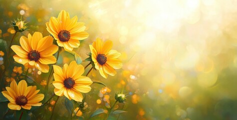 Obraz premium Bright yellow flowers blooming in a sunlit garden with soft glowing light and warm tones creating a peaceful and cheerful atmosphere